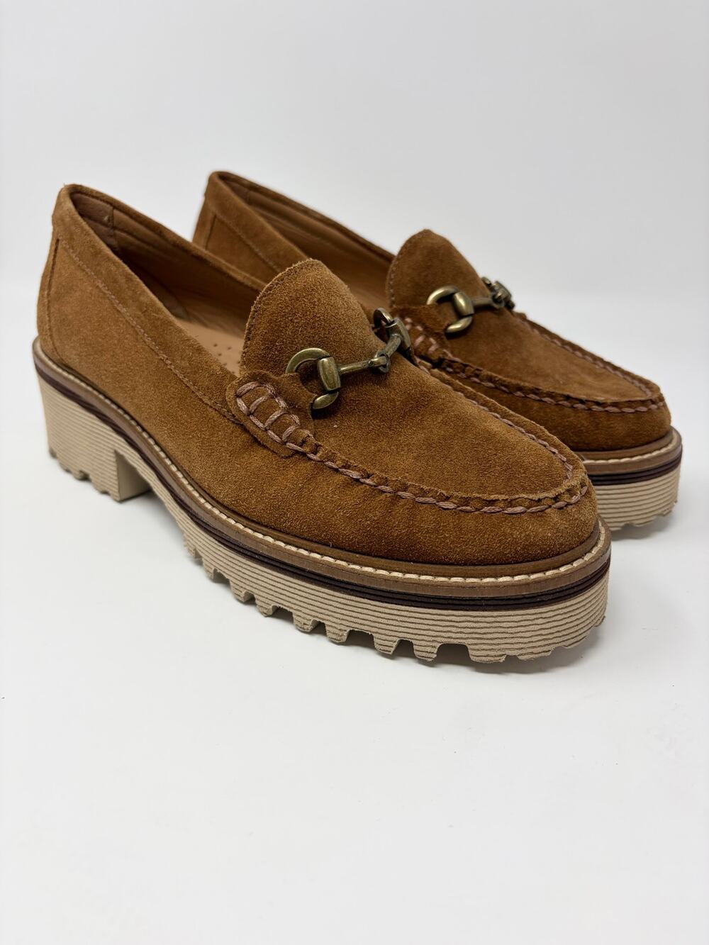 Johnston & Murphy Women's Emmalynn Tan Suede Leather Bit Platform Loafer 7